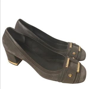 Taupe Suede Tory Burch Gold Buckle Pumps